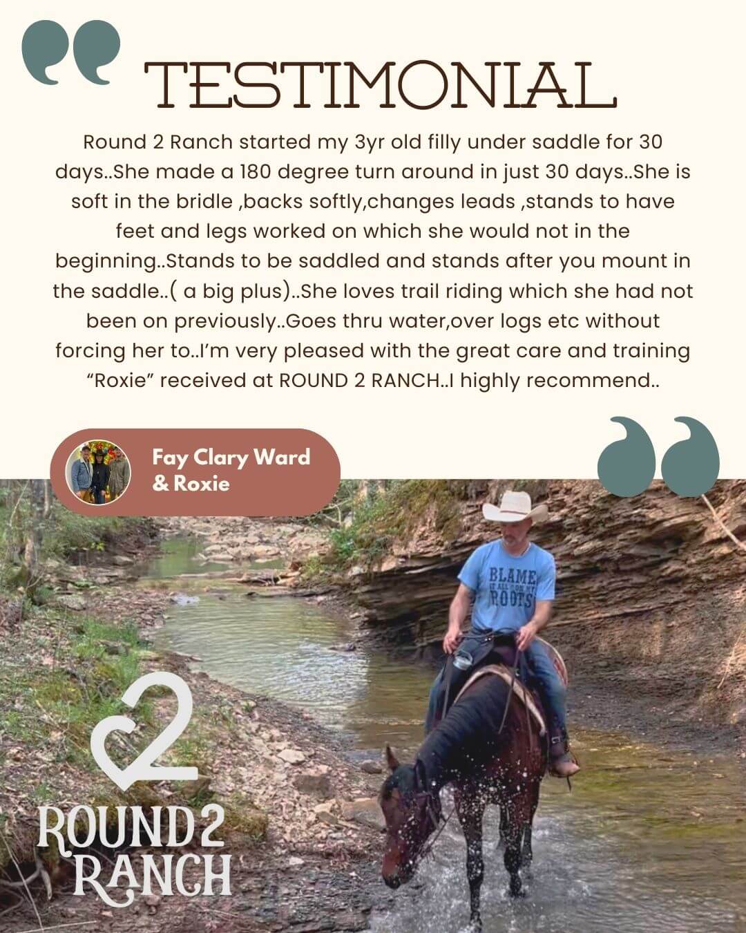 Round2Ranch Testimonials (1) Testimonial from Fay Ward, a training client